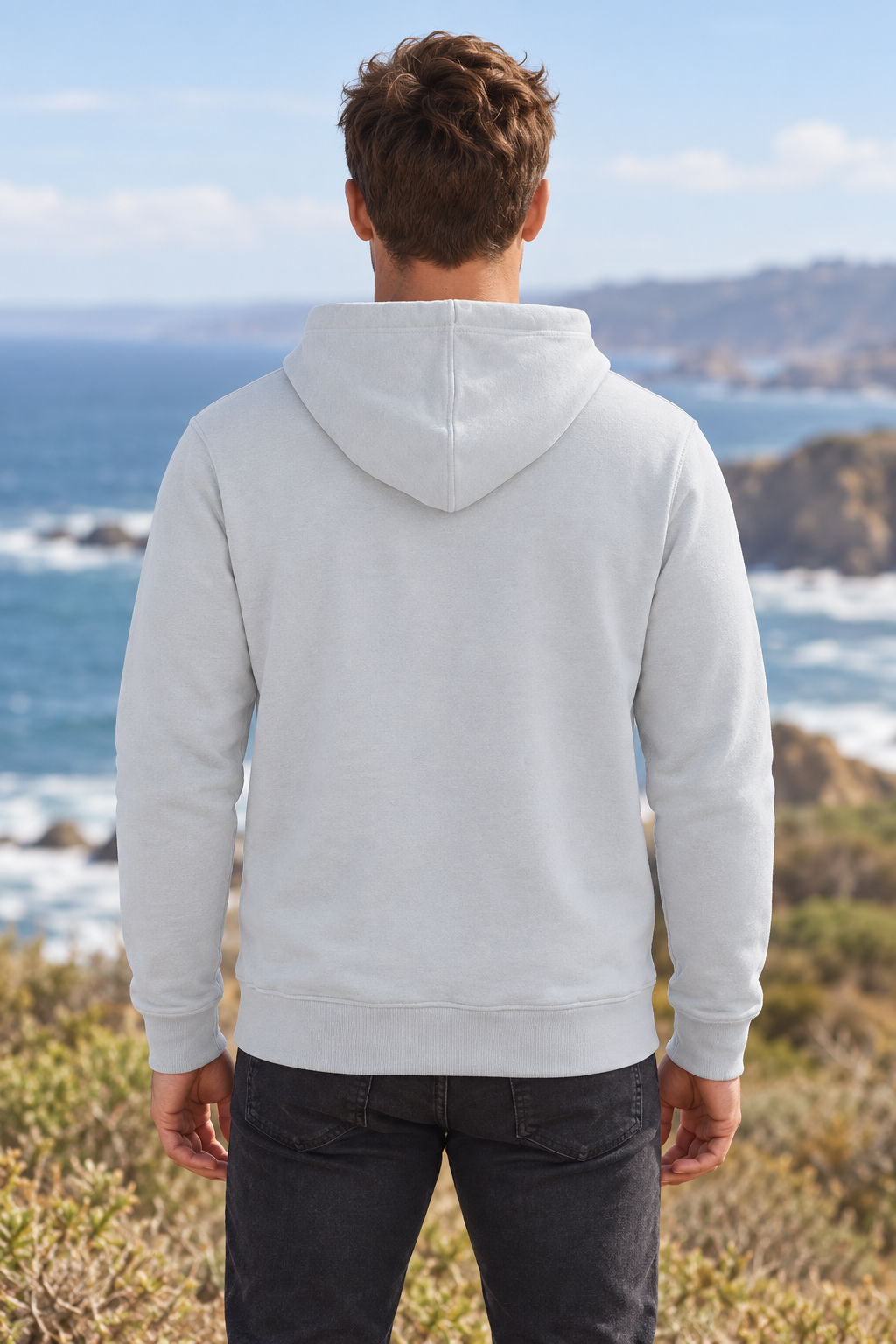 Reclaimed Light Fleece Pullover Hoodie — Men &amp; Women — styled back model view in White
