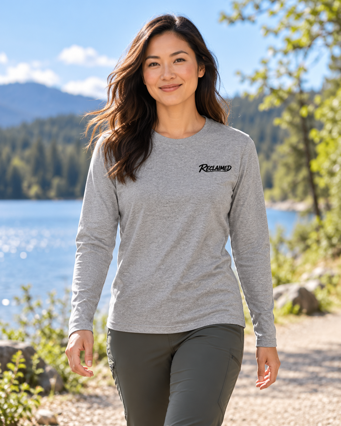 Reclaimed Light Everyday Long-Sleeve T-Shirt — Men &amp; Women — AI-styled model view in Light Heather Grey