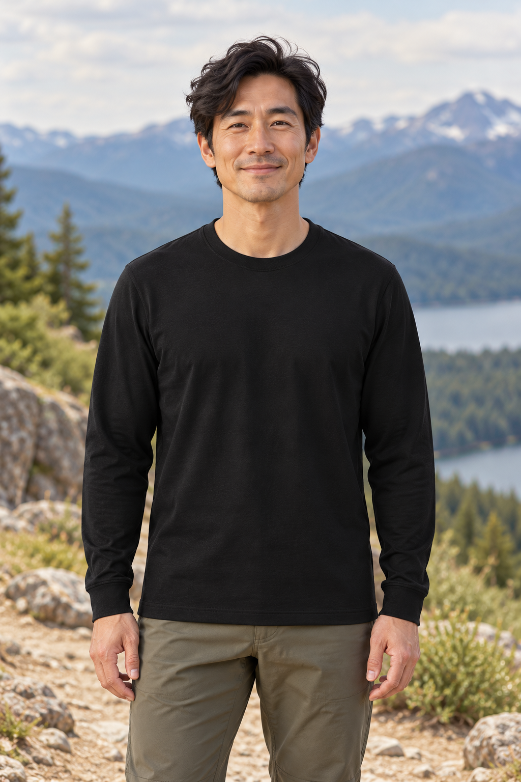 Reclaimed Everyday Long-Sleeve T-Shirt — Men &amp; Women — AI-styled model view in Black