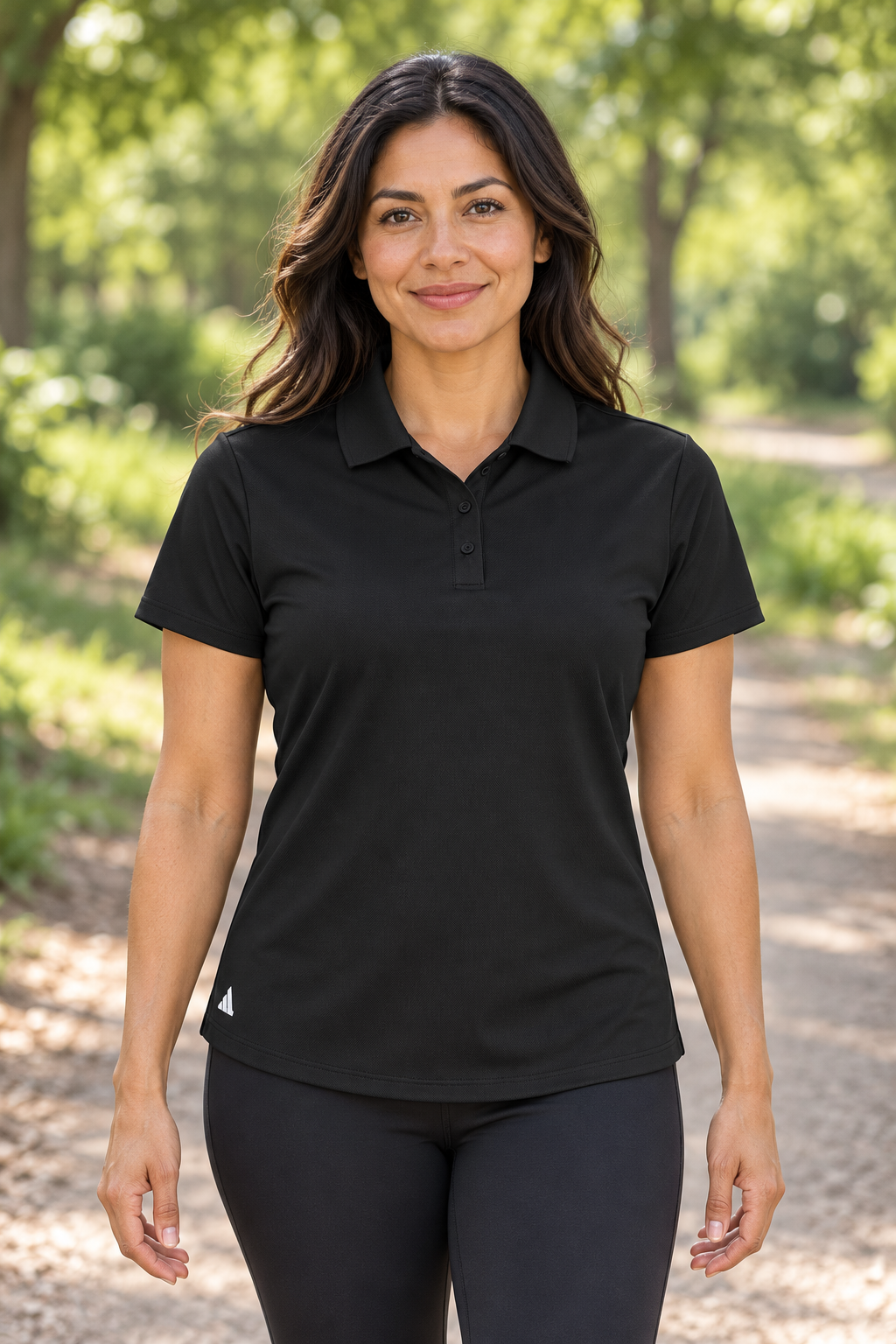 Women’s Reclaimed Piqué Performance Polo — AI-styled model view in Black
