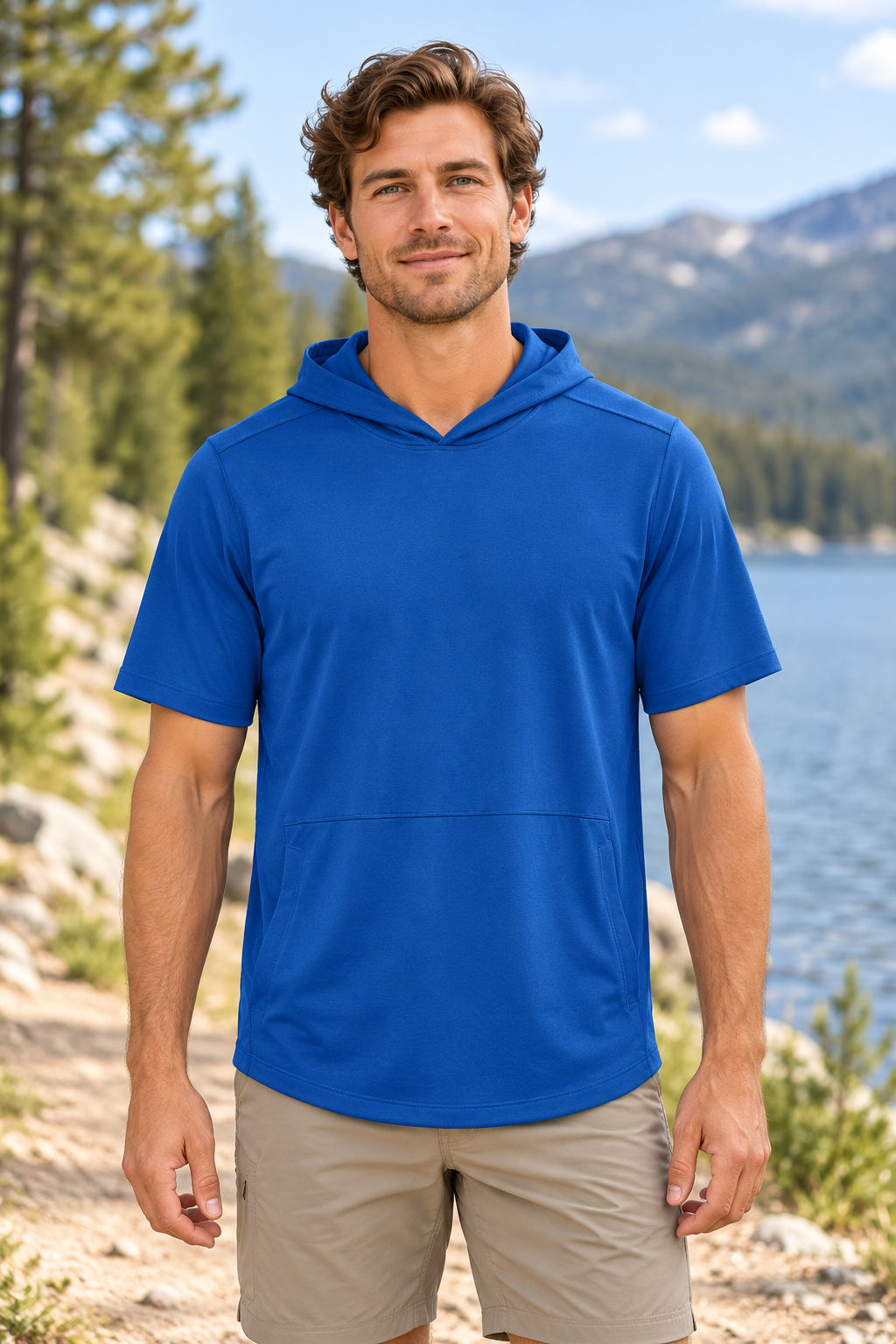 Reclaimed Short-Sleeve Performance Hoodie — Men &amp; Women — AI-styled model view in TrueRoyal