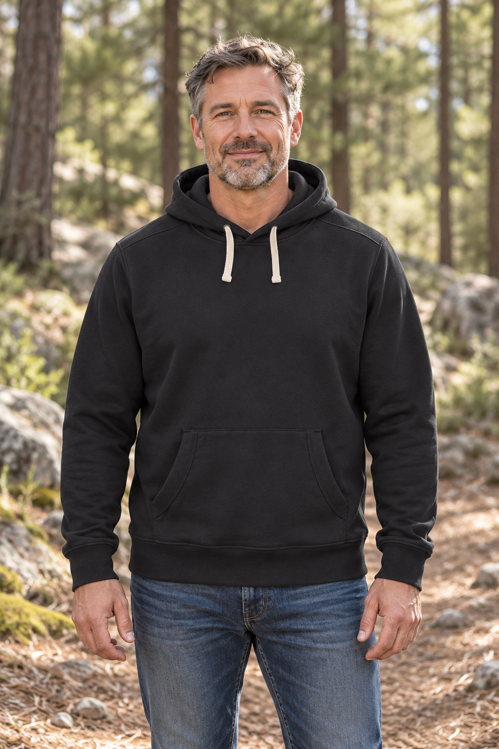 Men’s Reclaimed Fleece Pullover Hoodie — AI-styled model view in Black