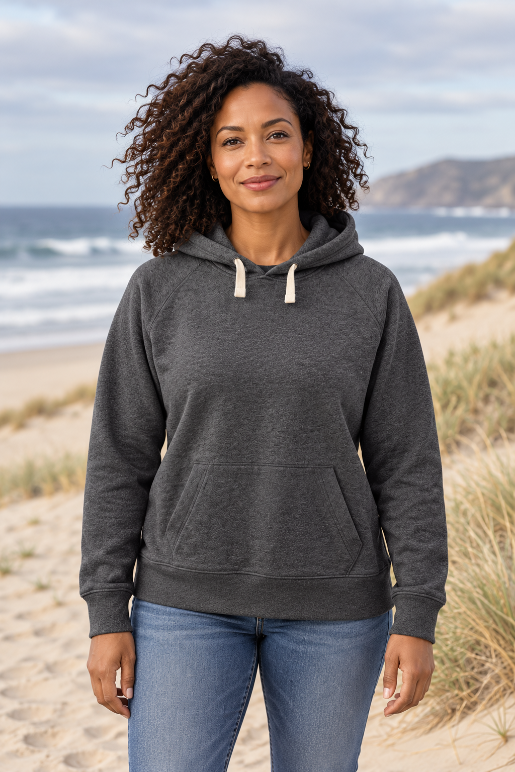 Women’s Reclaimed Fleece Pullover Hoodie — AI-styled model view in Black