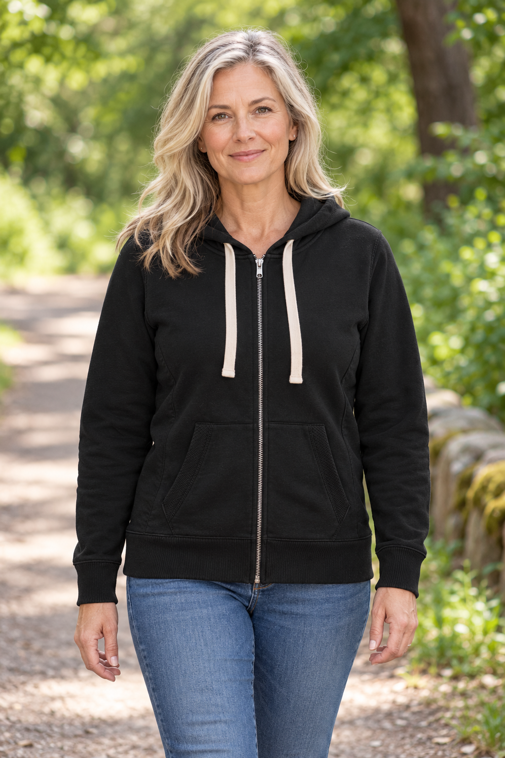 Women’s Reclaimed Fleece Full-Zip Hoodie — AI-styled model view in Black