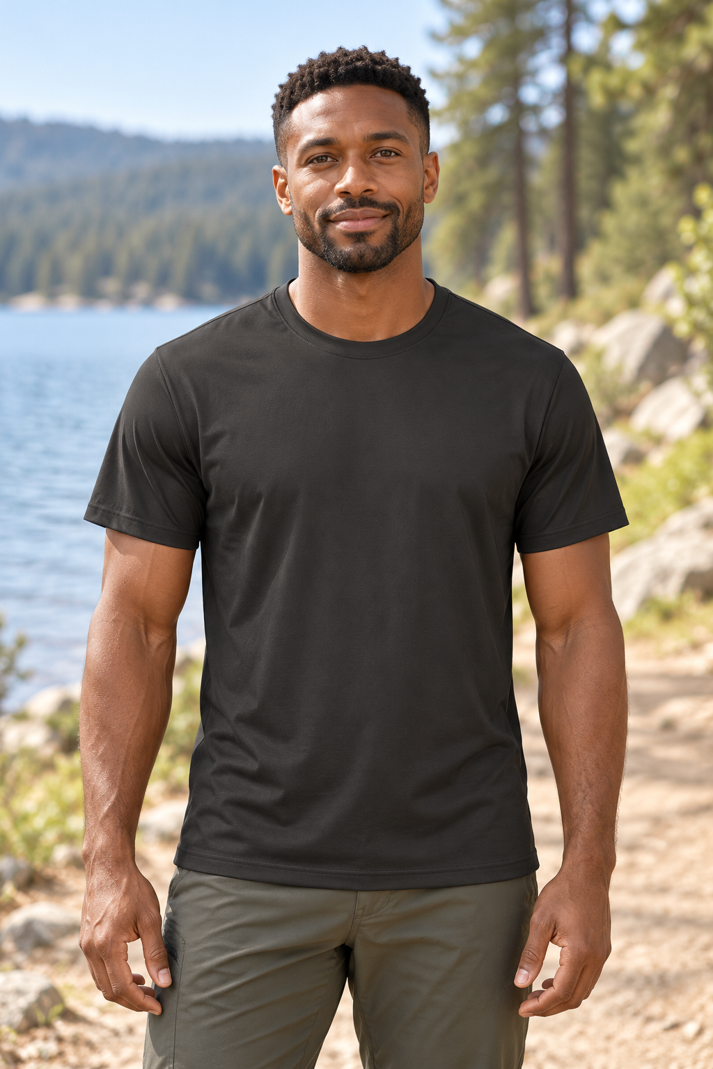 Reclaimed Performance T-Shirt — Men &amp; Women — AI-styled model view in Black