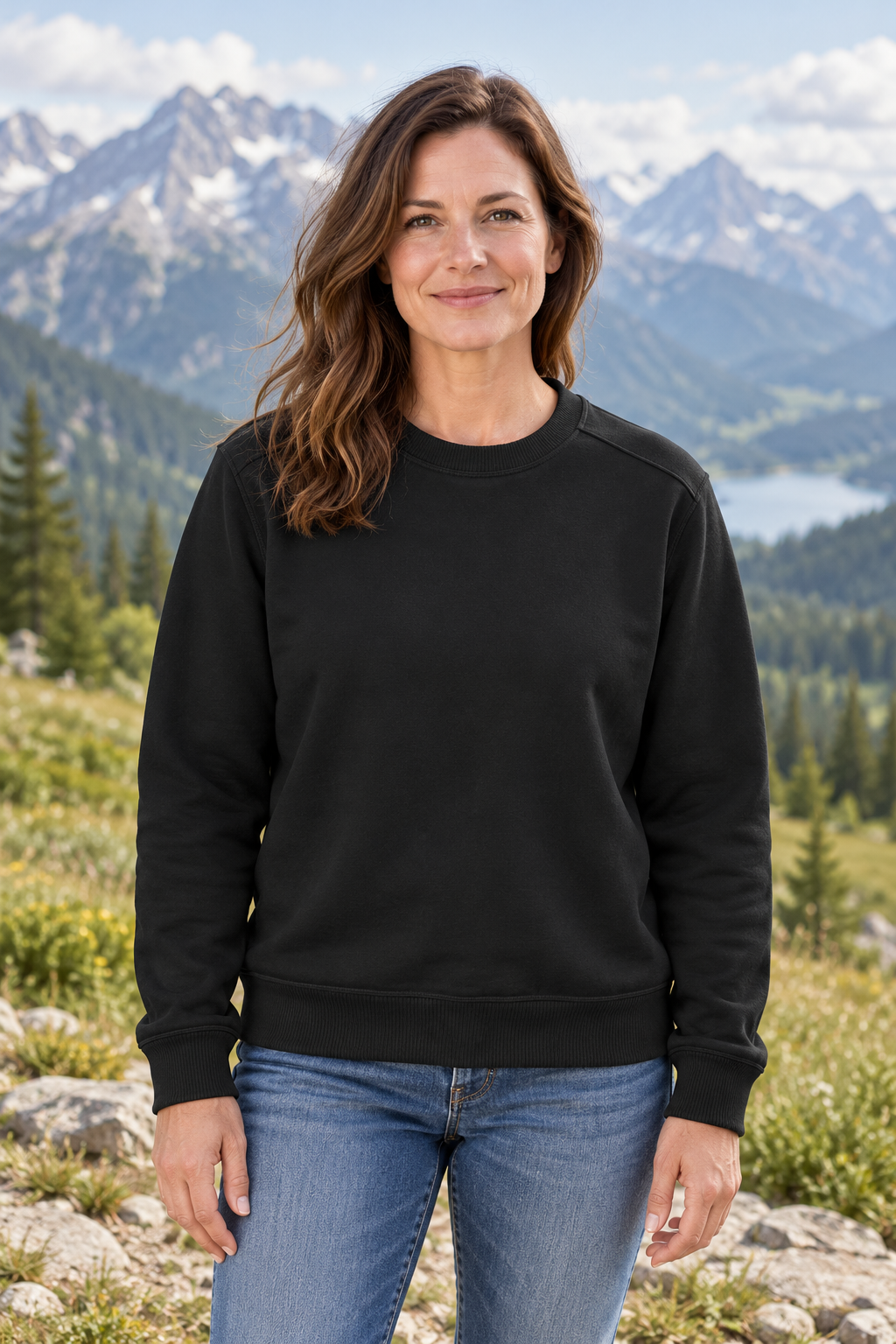 Reclaimed Fleece Crewneck Pullover — Men &amp; Women — AI-styled model view in Black