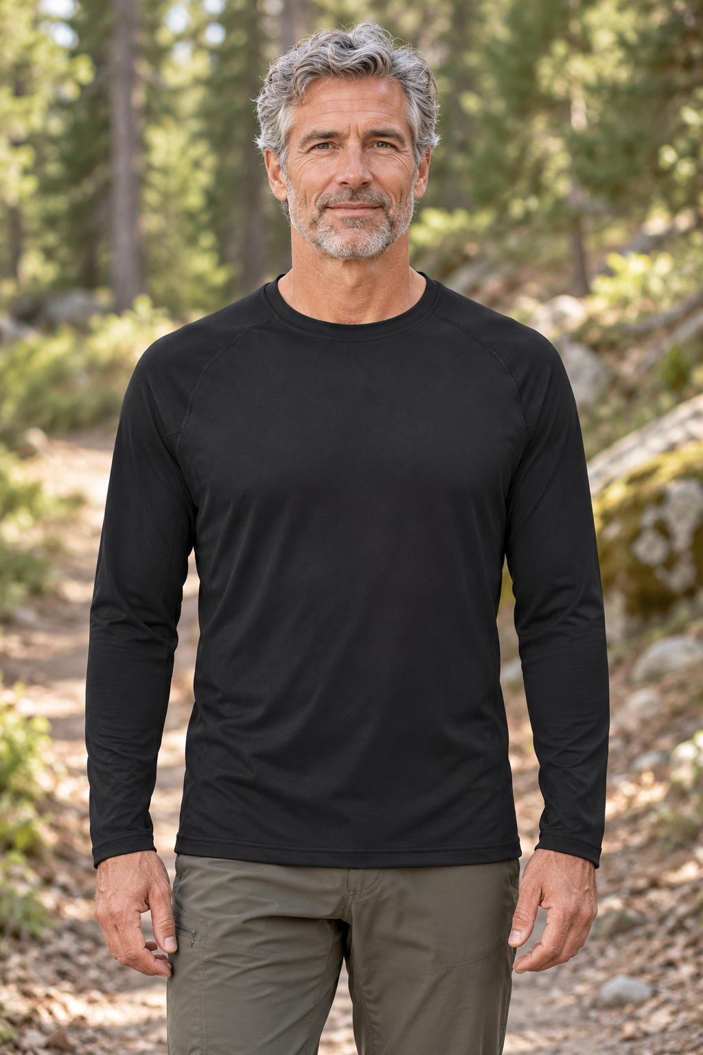 Reclaimed Long-Sleeve Performance Shirt — Men &amp; Women — AI-styled model view in Black
