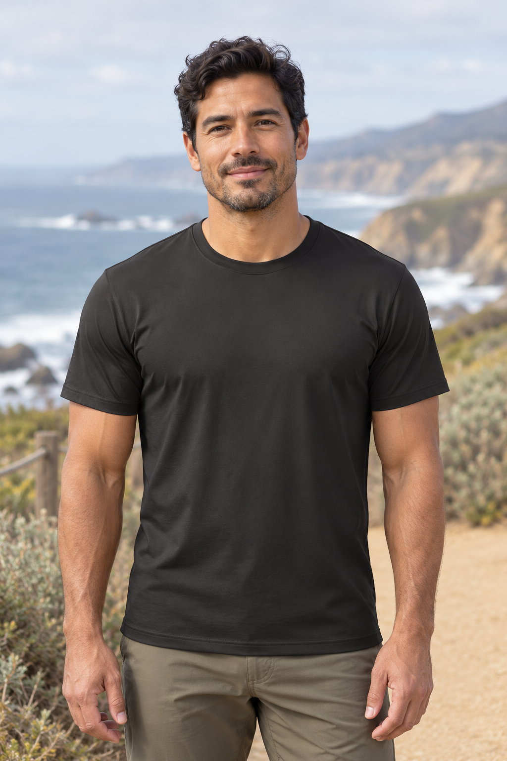 Reclaimed Panelled Tech T-Shirt — Men &amp; Women — AI-styled model view in Black